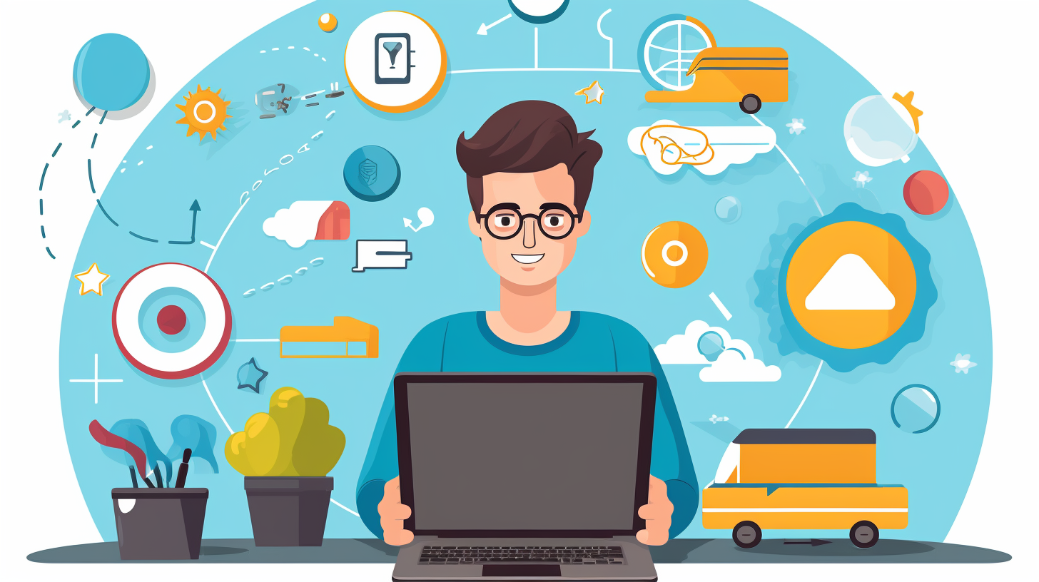 A person with a laptop and a thought bubble with different skills and qualifications needed for work